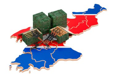 Silahlı Kuzey Kore haritası. Kuzey Kore 'de askeri malzeme, konsept. Beyaz arkaplanda 3B görüntüleme izole edildi