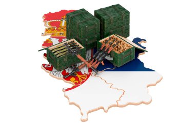 Silahlı Sırp haritası. Sırbistan 'da askeri malzeme, konsept. Beyaz arkaplanda 3B görüntüleme izole edildi