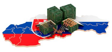 Slovakya haritası ve silahları. Slovakya 'da askeri malzeme, konsept. Beyaz arkaplanda 3B görüntüleme izole edildi