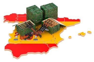 Silahlı İspanyol haritası. İspanya 'da askeri malzeme, konsept. Beyaz arkaplanda 3B görüntüleme izole edildi