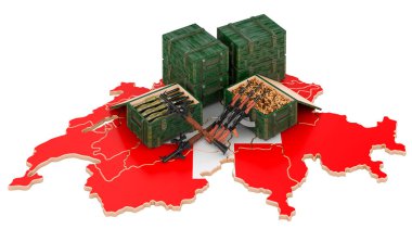 Silahlı İsviçre haritası. İsviçre 'de askeri malzeme, konsept. Beyaz arkaplanda 3B görüntüleme izole edildi