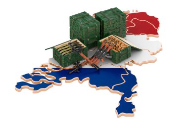 Hollanda haritası silahlarla dolu. Hollanda 'da askeri malzeme, konsept. Beyaz arkaplanda 3B görüntüleme izole edildi