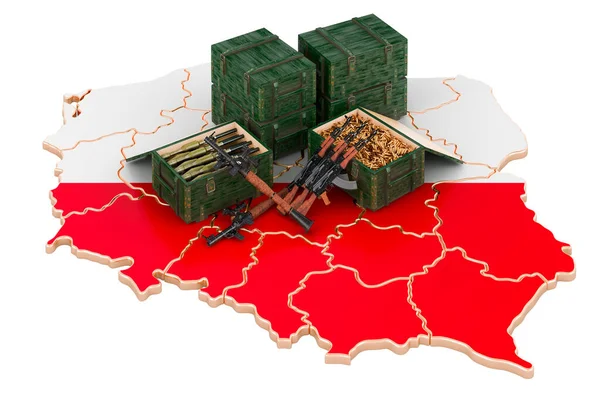 Silahlı Polonya haritası. Polonya 'da askeri malzeme, konsept. Beyaz arkaplanda 3B görüntüleme izole edildi
