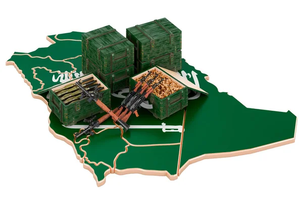 Szaúd Arábiai Térkép Fegyverekkel Katonai Felszerelés Szaúd Arábiában Koncepció Renderelés — Stock Fotó