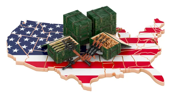 アメリカは武器で地図を描く アメリカの軍事物資 白い背景に隔離された3Dレンダリング — ストック写真