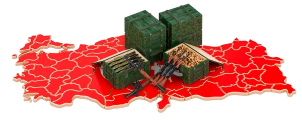 Silahlı Türk haritası. Türkiye 'de askeri malzeme, konsept. Beyaz arkaplanda 3B görüntüleme izole edildi