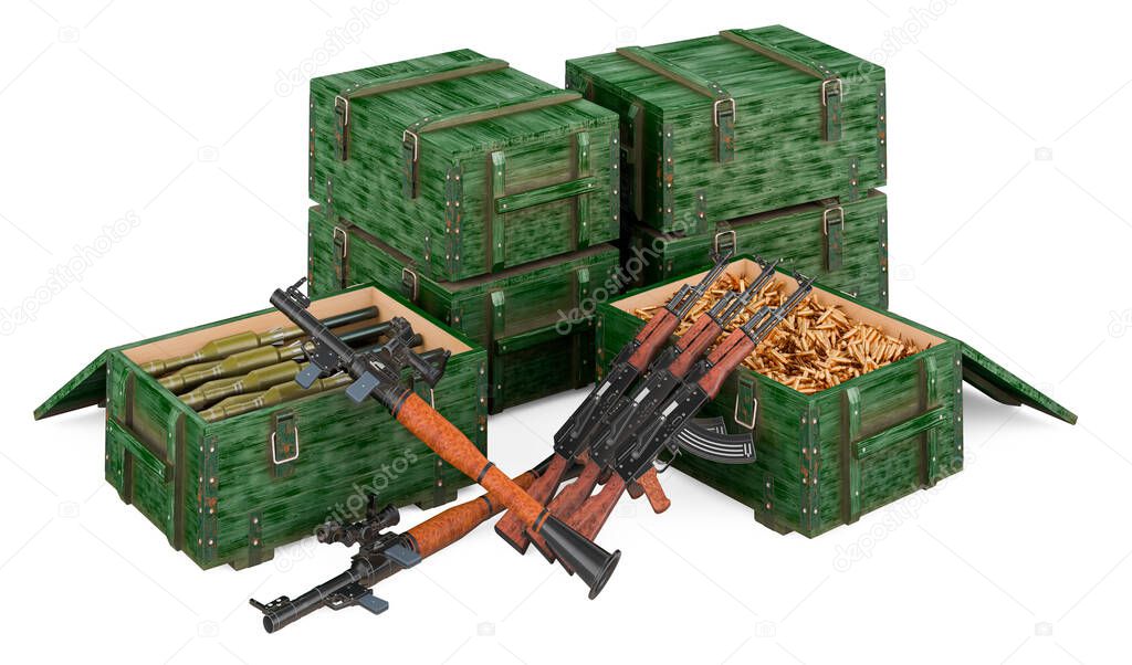 Anti-tank guided missiles and assault rifles with military wooden ammunition box. 3D rendering isolated on white background