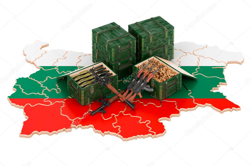 Bulgarian map with weapons. Military supplies in Bulgaria, concept. 3D rendering isolated on white background