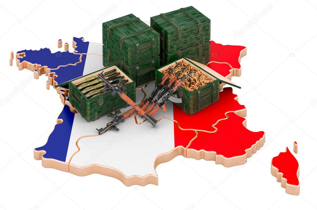 French map with weapons. Military supplies in France, concept. 3D rendering isolated on white background