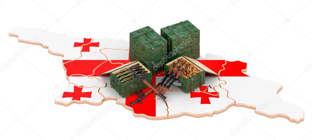 Georgian map with weapons. Military supplies in Georgia, concept. 3D rendering isolated on white background
