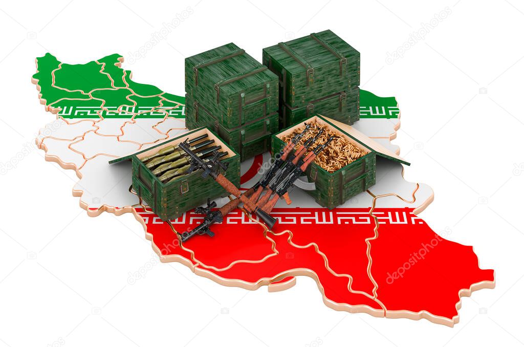 Iranian map with weapons. Military supplies in Iran, concept. 3D rendering isolated on white background