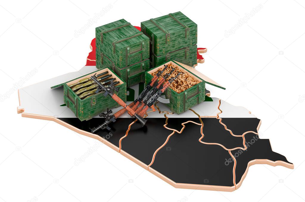 Iraqi map with weapons. Military supplies in Iraq, concept. 3D rendering isolated on white background