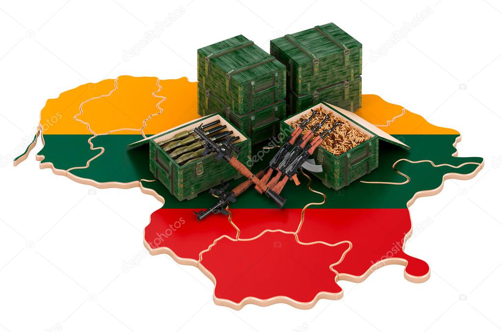 Lithuanian map with weapons. Military supplies in Lithuania, concept. 3D rendering isolated on white background