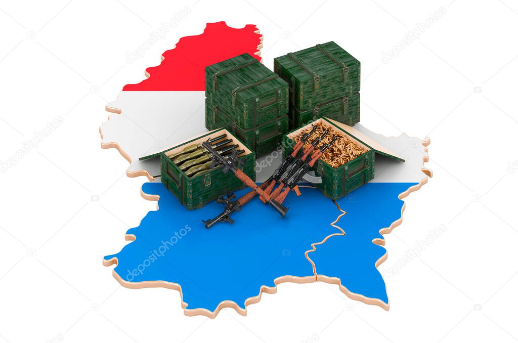 Luxembourgish map with weapons. Military supplies in Luxembourg, concept. 3D rendering isolated on white background