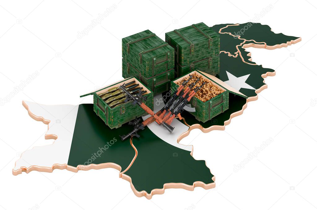 Pakistani map with weapons. Military supplies in Pakistan, concept. 3D rendering isolated on white background