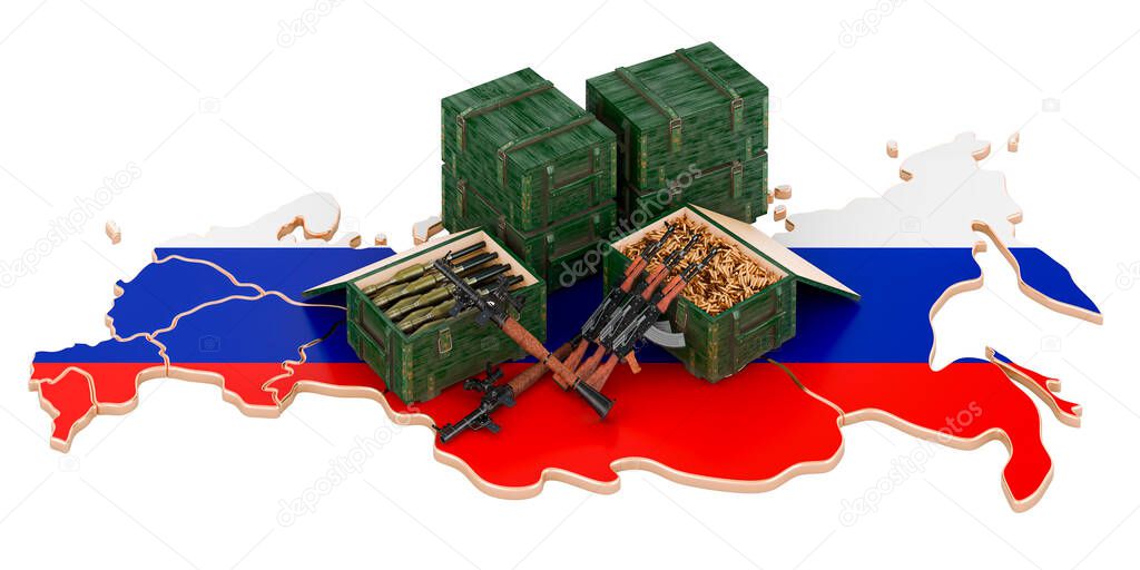 Russian map with weapons. Military supplies in Russia, concept. 3D rendering isolated on white background