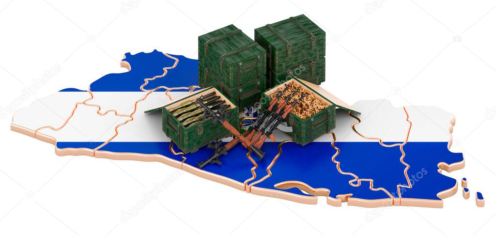 Salvadoran map with weapons. Military supplies in El Salvador, concept. 3D rendering isolated on white background