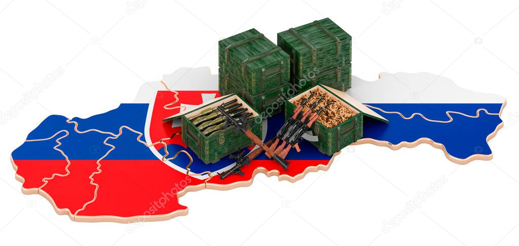 Slovak map with weapons. Military supplies in Slovakia, concept. 3D rendering isolated on white background