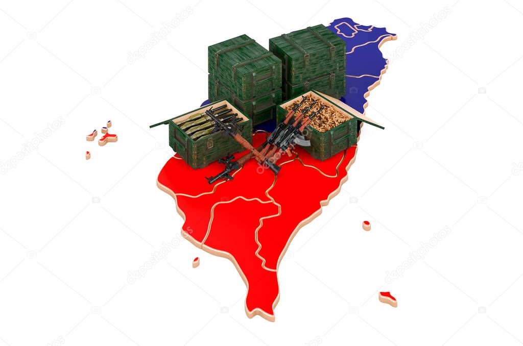 Taiwanese map with weapons. Military supplies in Taiwan, concept. 3D rendering isolated on white background