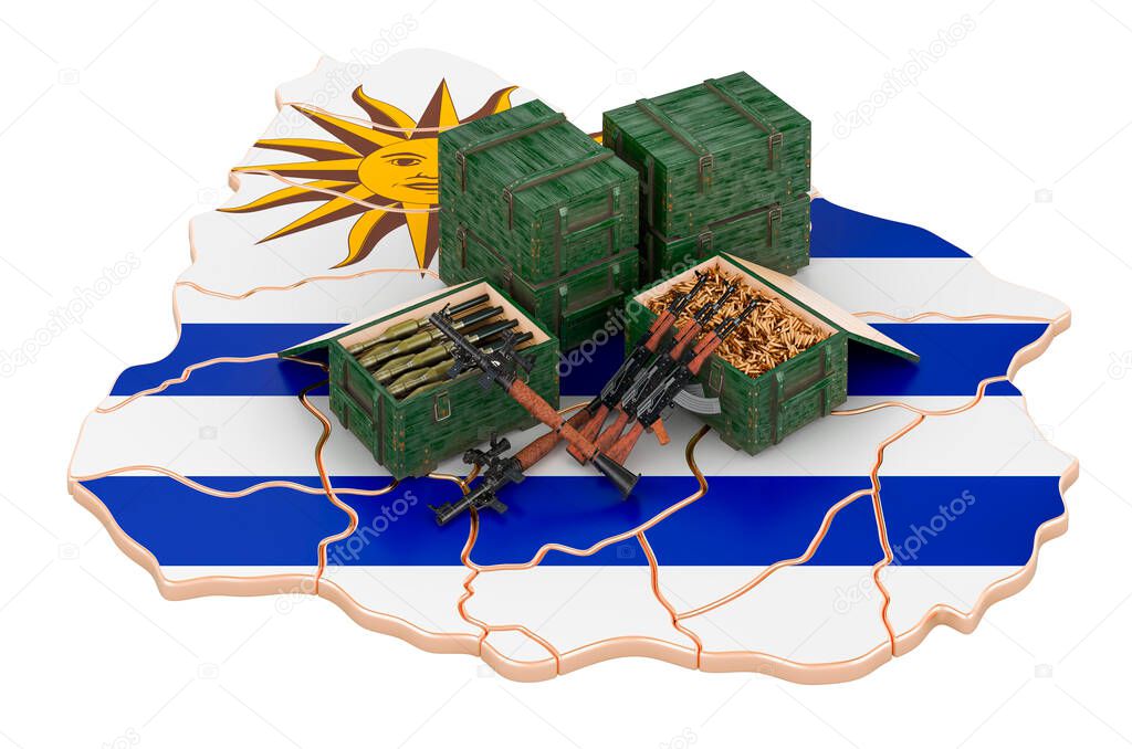 Uruguayan map with weapons. Military supplies in Uruguay, concept. 3D rendering isolated on white background