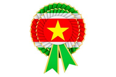 Ödül rozetinin üzerine Surinam bayrağı boyanmış. Beyaz arkaplanda 3B görüntüleme izole edildi