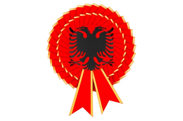 Albanian flag painted on the award ribbon rosette. 3D rendering isolated on white background