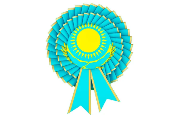 カザフスタンのフラグは 賞のリボンのロゼットに描かれた 白い背景に隔離された3Dレンダリング — ストック写真