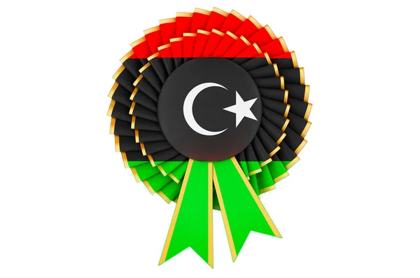 Libyan flag painted on the award ribbon rosette. 3D rendering isolated on white background