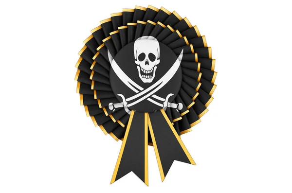 アワードリボンのロゼットには海賊旗が描かれている 白い背景に隔離された3Dレンダリング — ストック写真