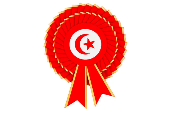 受賞リボンのロゼットにチュニジア国旗が描かれている 白い背景に隔離された3Dレンダリング — ストック写真