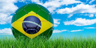 Yeşil çimlerin üzerinde Brezilya bayrağı olan futbol topu mavi gökyüzüne karşı, 3D