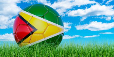 Mavi gökyüzüne karşı yeşil çimlerin üzerinde Guyanese bayraklı futbol topu.
