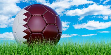 Mavi gökyüzüne karşı yeşil çimlerin üzerinde Katar bayrağı olan futbol topu, 3 boyutlu yorumlama