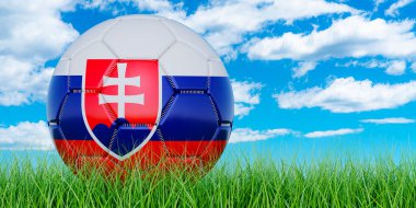 Mavi gökyüzüne karşı yeşil çimlerin üzerinde Slovakya bayrağı olan futbol topu, 3D