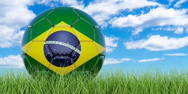 Ballon Football Avec Drapeau Brésilien Sur Herbe Verte Contre Ciel — Photo