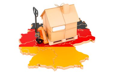Almanya 'da yerleşik taşınma hizmeti, konsept. Alman haritasında karton ev paketi olan hidrolik el paleti kamyonu, beyaz arka planda 3 boyutlu görüntüleme