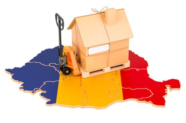 Romanya 'da yerleşik taşınma hizmeti, konsept. Romen haritasında karton ev paketli hidrolik el paleti kamyonu, beyaz arka planda 3 boyutlu görüntüleme