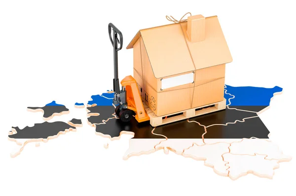 Служба Переміщення Житла Естонії Концепція Гідравлічна Вантажівка Ручної Пальми Картонним — стокове фото