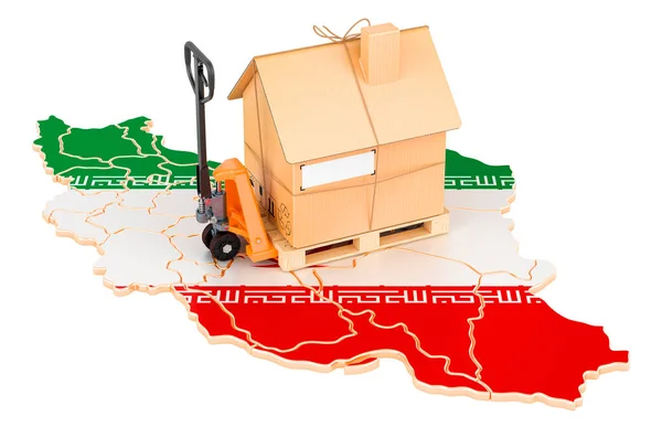 Lakóingatlan Költöztetés Iránban Koncepció Hidraulikus Kézi Emelőkocsi Kartondobozzal Iráni Térképen — Stock Fotó