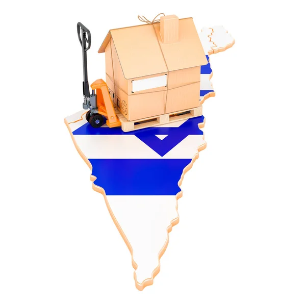 Lakóingatlan Költöztetés Izraelben Koncepció Hidraulikus Kézi Emelőkocsi Kartondobozzal Izraeli Térképen — Stock Fotó