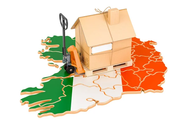 アイルランドの住宅移転サービス コンセプト アイルランド地図上の段ボールハウスパレット付き油圧ハンドパレットトラック 白い背景に隔離された3Dレンダリング — ストック写真