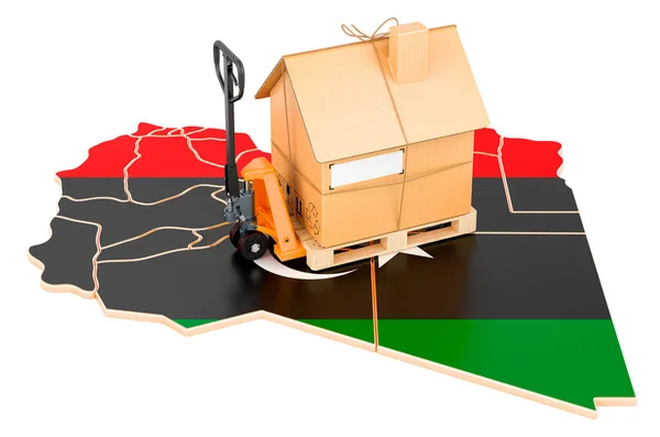 Lakóingatlan Költöztetés Líbiában Koncepció Hidraulikus Kézi Emelőkocsi Kartondobozzal Líbiai Térképen — Stock Fotó