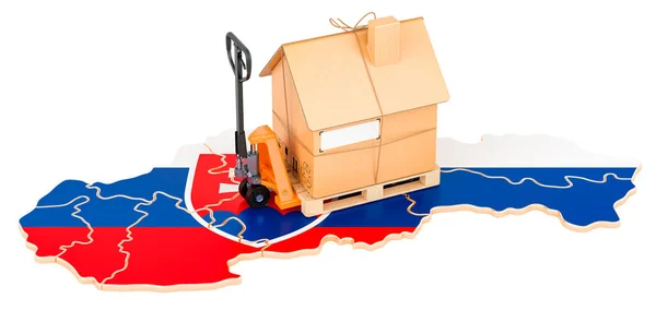 Rezydencyjna Usługa Przeprowadzkowa Słowacji Koncepcja Hydrauliczny Ręczny Wózek Paletowy Tekturową — Zdjęcie stockowe