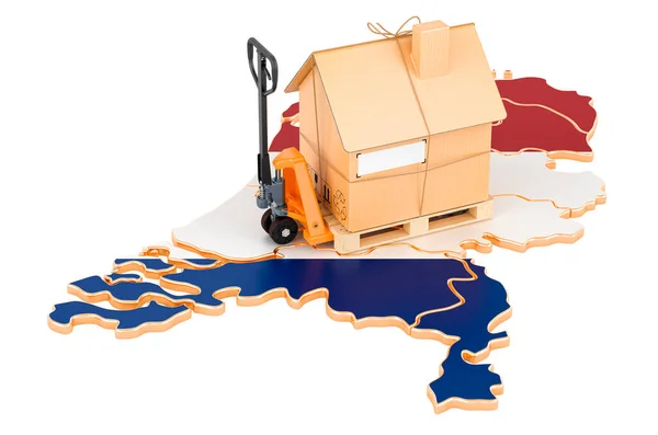 オランダの住宅移転サービス コンセプト オランダ地図上の段ボールハウスパレット付き油圧ハンドパレットトラック 白い背景に隔離された3Dレンダリング — ストック写真