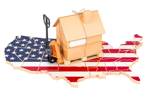 美国的住宅搬迁服务 美国地图上装有纸板箱包裹的液压手推车 3D绘制 白色背景隔离 — 图库照片