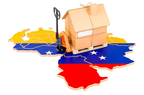 ベネズエラの住宅移転サービス コンセプト ベネズエラ地図上の段ボールハウスパレット付き油圧ハンドパレットトラック 白い背景に隔離された3Dレンダリング — ストック写真