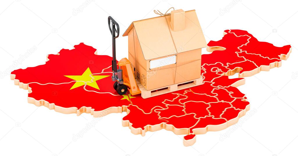 Residential moving service in China, concept. Hydraulic hand pallet truck with cardboard house parcel on Chinese map, 3D rendering isolated on white background