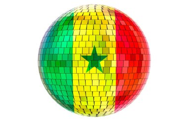 Senegal bayrağıyla ayna disko topu, beyaz arkaplanda 3 boyutlu görüntüleme