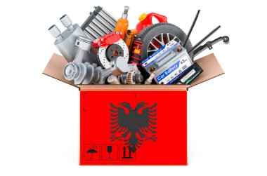 Paketin üzerine araba parçalarıyla Arnavut bayrağı boyanmış. Beyaz arkaplanda 3B görüntüleme izole edildi