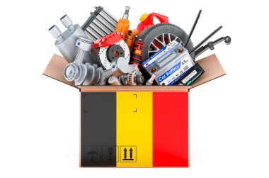 Paketin üzerine araba parçalarıyla birlikte Belçika bayrağı boyanmış. Beyaz arkaplanda 3B görüntüleme izole edildi